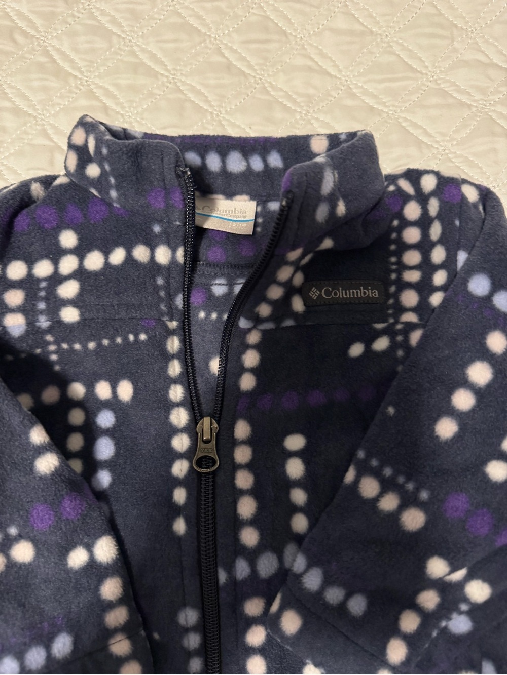 Columbia Navy Fleece Jacket with Purple & White Dot Pattern